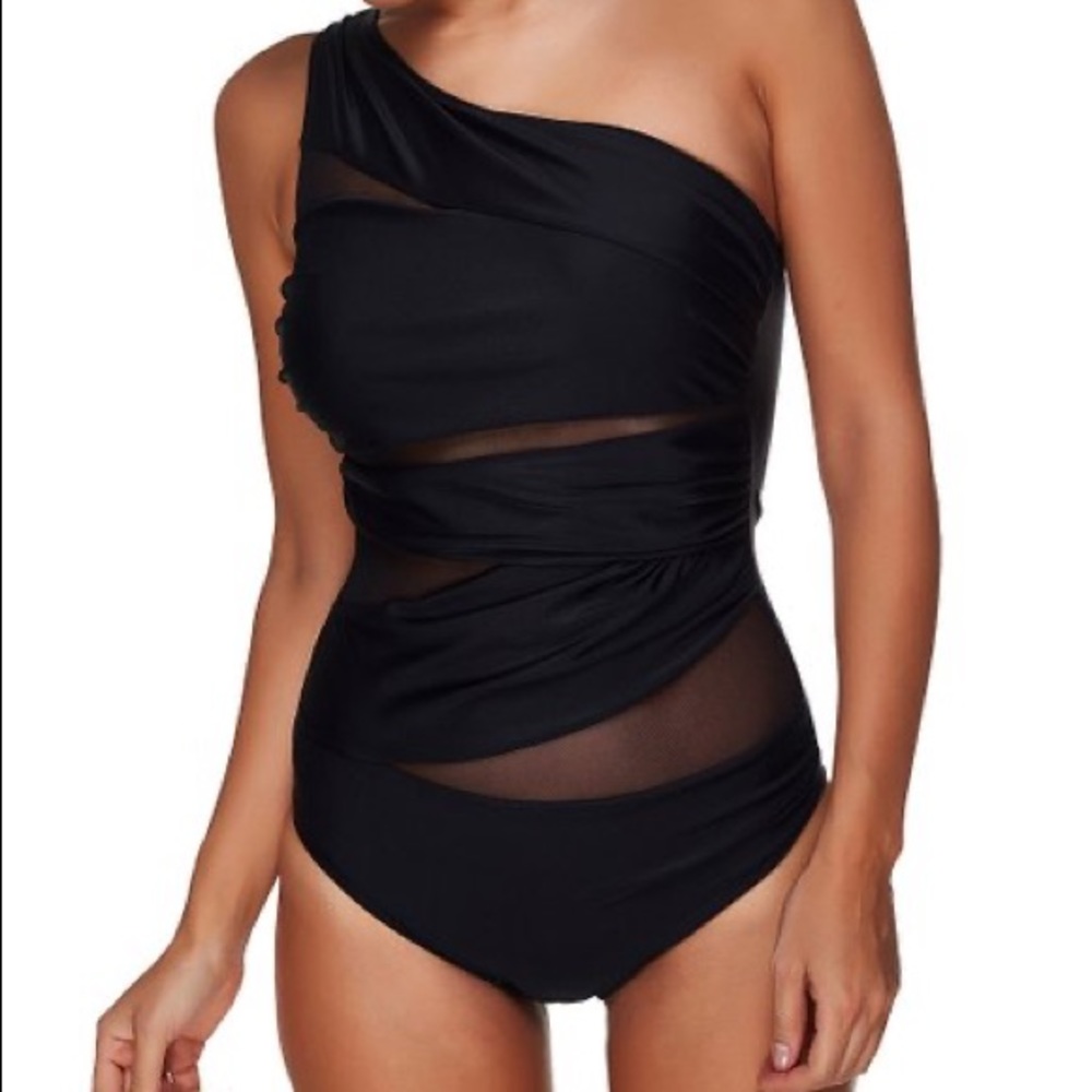 Black Mesh-Contrast Asymmetrical One Piece in Black, Sz. S